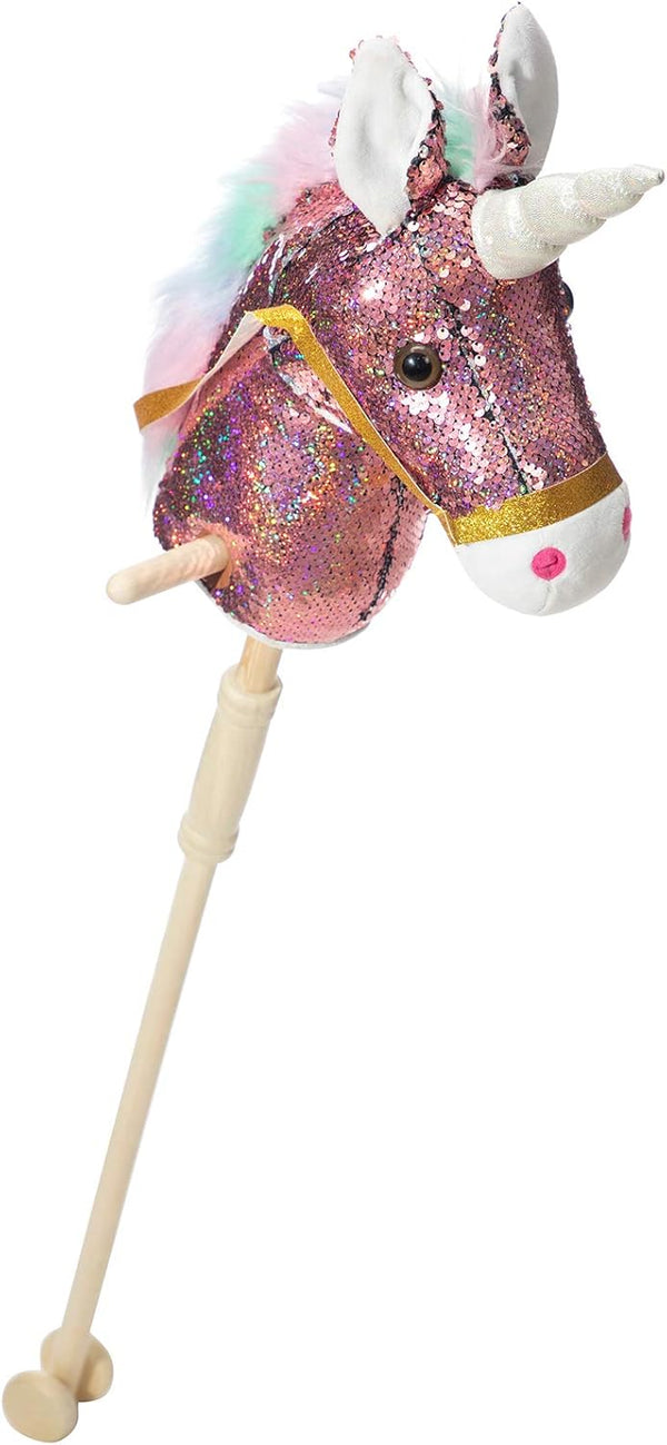 HollyHOME Sequin Unicorn Stick Horse, Handcrafted Hobby Horse with Real Pony Sounds, Plush Toy, Pink 36 Inches