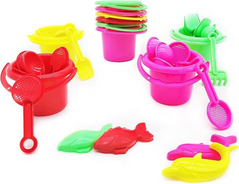Playsets, 3.25" Set (24-Pack) The Dreidel Company Mini Beach Day Sand Bucket Play Box Includes, Pail, Shovel, Rake