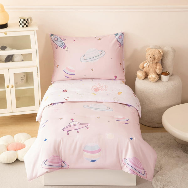 PERFEMET 4 Piece Toddler Girl Bedding Set Space Theme Pink Toddler Bed
