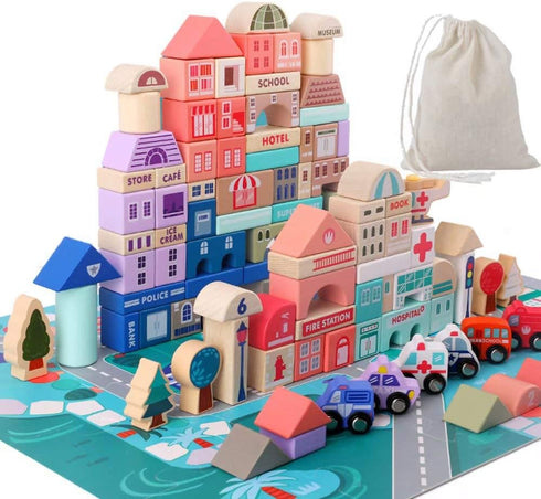 Wooden Building Blocks Set - City Construction Stacker Educational Toys for Toddler Gifts, 3+ Year Old