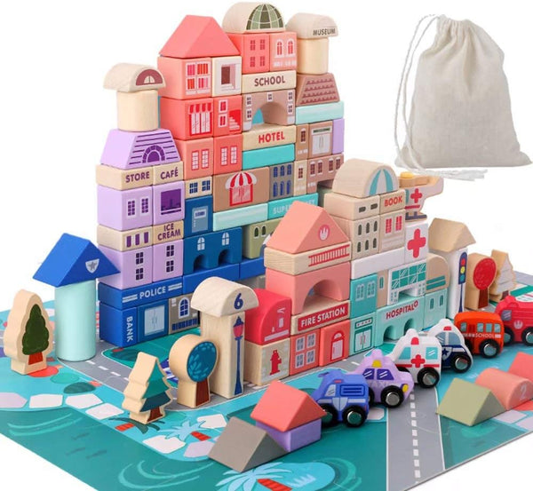 Wooden Building Blocks Set - City Construction Stacker Educational Toys for Toddler Gifts, 3+ Year Old