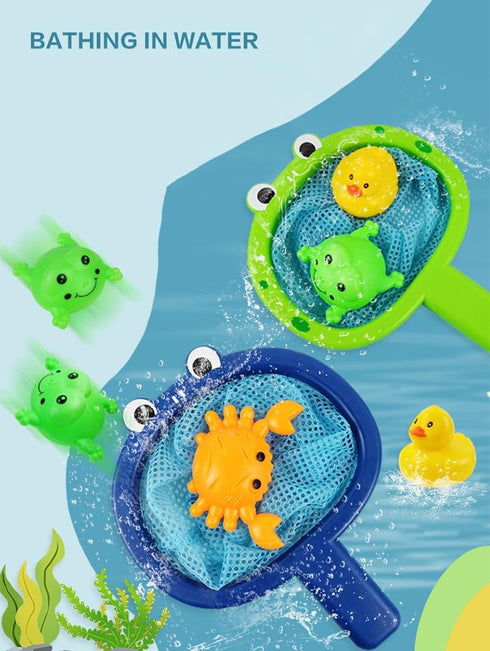 YUERFEILA 1 3 Set Baby Bath Toys Pcs Frog Animals Fishing Net with Pcs Water Floating Sea Animals Frog Toys, Bathroom