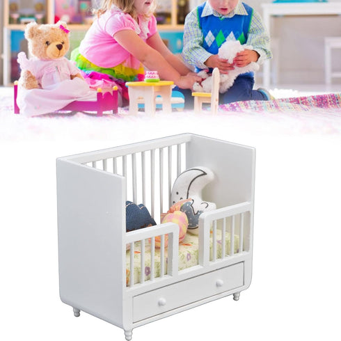Dollhouse Crib 1:12 Miniature Baby DIY Accessories with 4 Cushions for Dollhouse Room