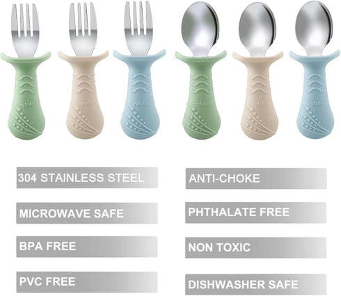 PandaEar Baby Toddler Fork and Spoon Utensil Set, 6 Pack Silicone Stainless Steel Silverware, BPA Free
