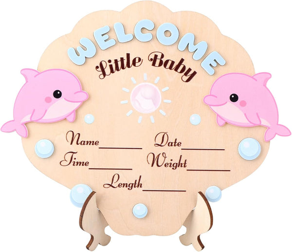 Penitue Baby Announcement Sign, 7.2x5.91x0.12in/18.3x15x0.3cm Cute Hello World Wooden Newborn Welcome Name Sign
