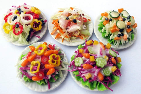 5 Assorted Salad with Plate for Dollhouse Miniature Food - 1:6 Scale Realistic Clay Food