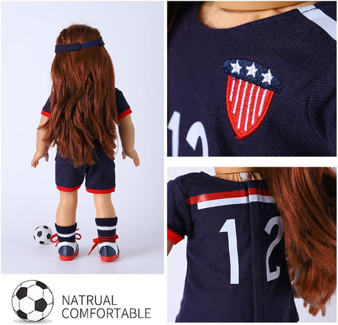 18-inch Girl Doll Clothes Accessories - Team USA 6 Piece Soccer Uniform with Headband, Shirt, Shorts, Socks