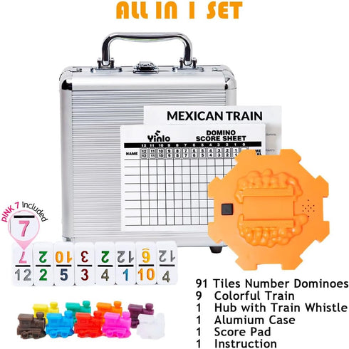 Set, 12 Yinlo Mexican Train Dominoes Hub with Real Train Sound, Double Colored Number