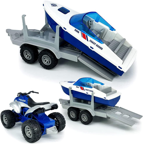 2 1 Playset, 3 4 5 6 7 Large ATV Toy with Trailer Speedboat Tow Truck Flatbed Transport Police Motorcycle Toy Vehicle