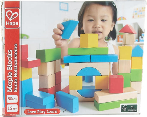 Maple Wood Kids Building Blocks by Hape, 50 Brightly Colored Pieces Stacking Educational Toy Set for Toddlers in