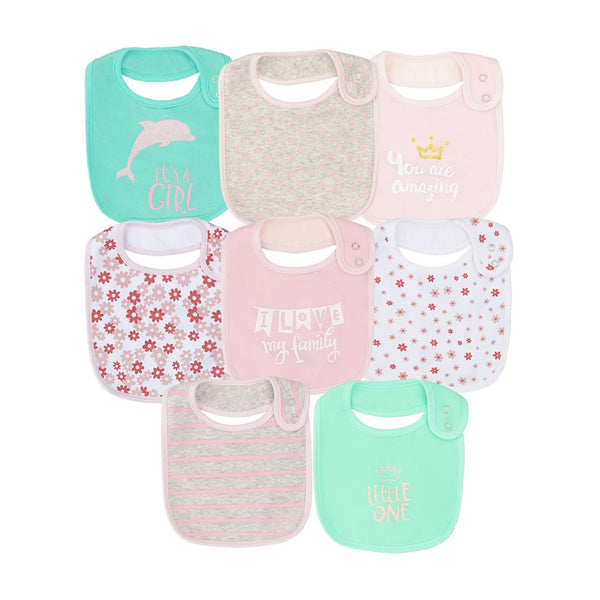 Maiwa Cotton Waterproof Baby Girls' Bibs with Buttons - 8 Pack for Teething, Drooling, and Eating