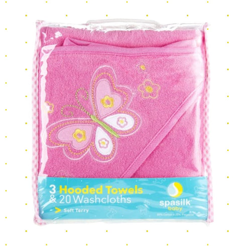 Set 23-Piece Set, GBA23 07) Spasilk Bath Hooded Towels & Washcloths for Babies, Gift Pink Butterfly, (Gift