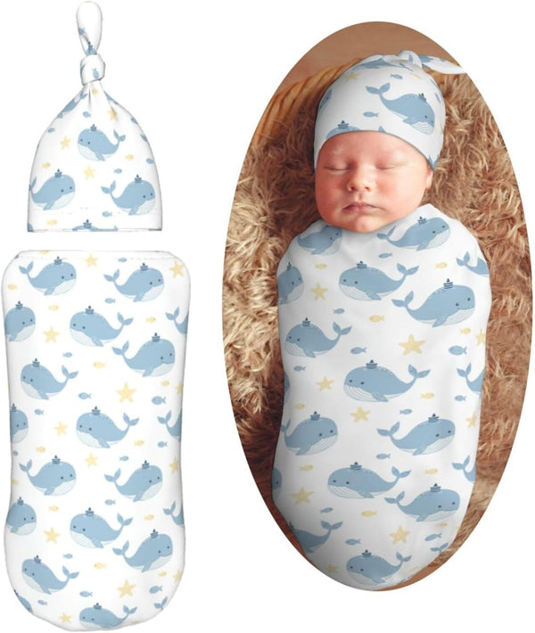 Whales with Fishes Newborn Swaddle Blankets Hat Sets Soft Baby Receiving Blanket
