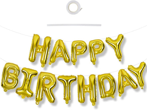 TONIFUL 3D Gold Happy Birthday Banner with Ribbon Straw, 16 Inch Mylar Foil Letters for Kids & Adults Birthday Supplies