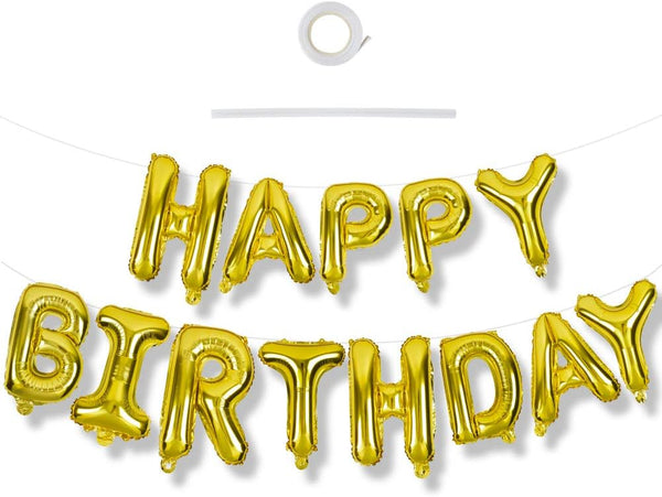 TONIFUL 3D Gold Happy Birthday Banner with Ribbon Straw, 16 Inch Mylar Foil Letters for Kids & Adults Birthday Supplies