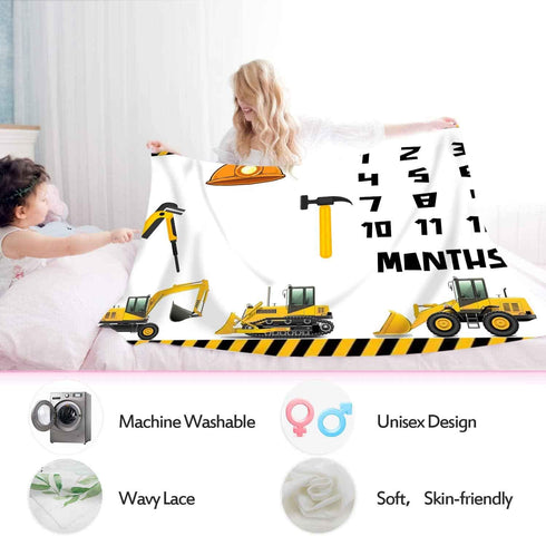 Construction Vehicle Baby Monthly Milestone Blanket, 48x40in Soft Flannel Hard Hat Tool Hammer Blanket for Newborn Gift