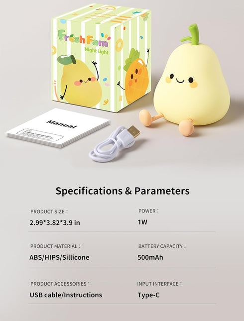 3 Dimmable Pear Night Light for Kids, Nursery Night Lights, Bedside Touch Lamp, Cute Silicone Nightlight for Baby