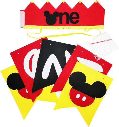 Mickey Theme 1st Birthday High Chair Banner & Party Crown/Hat, Felt Fabric Sign