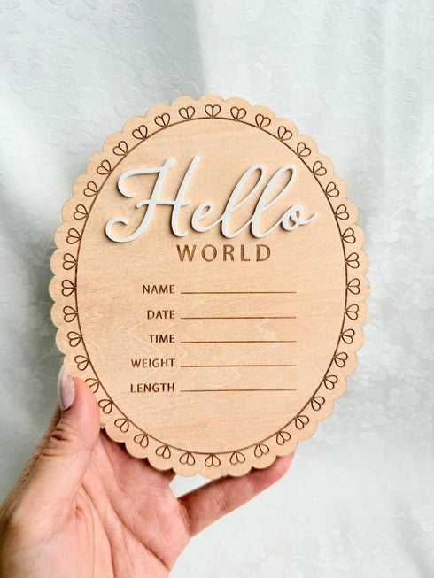 Kemmintvn Hello World Baby Wooden Ornament, Newborn Birth Announcement Plaque, Baby Milestone Keepsake, Nursery Decor