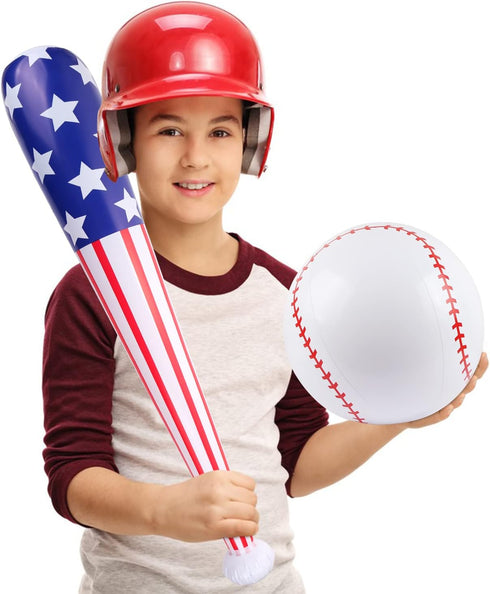 4 Pcs American Flag Inflatable Baseball & Bat - Blow Up Beach Ball, Sports Theme Party Favors for Kids Adult Pool Beach
