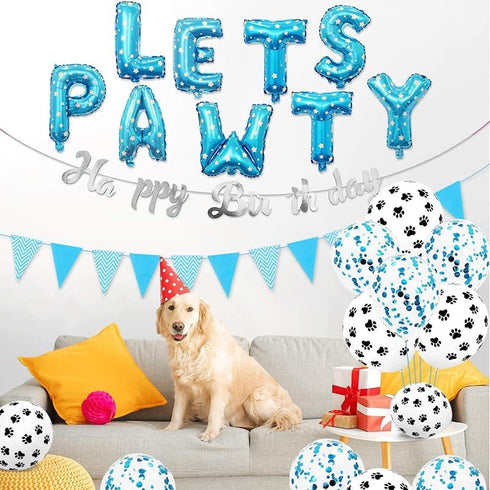 Dog Cat Birthday Party Supplies - Paw Print Balloons, Sequined Balloons, Happy Birthday Banner Decoration