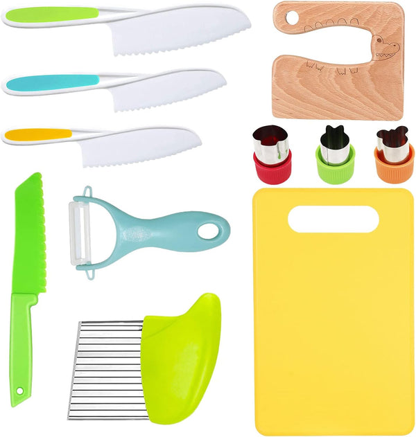 11 Pieces Kids Knife Set, Wooden Kitchen Knife, Toddler Knife with Serrated Edges, Crinkle Cutter, Y Peeler, Cutting