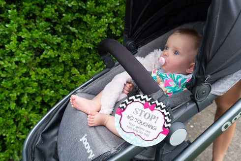 THREE LITTLE TOTS Pink Zig Zag Stop No Touching Baby Car Seat Sign or Stroller Tag - CPSIA Safety Tested