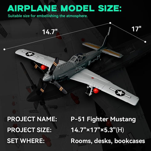 P-51 Set 258 ArtorBricks Mustang Fighter Airplane Military Building with Display Stand - Piece Model Kit for Adults