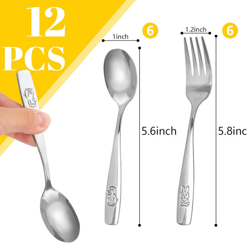 12PCS Safe Forks and Spoons for Kids, Toddler Silverware Kids Utensils Baby Spoons Stainless Steel Tableware with Bunny and Puppy Motifs by HAKSEN