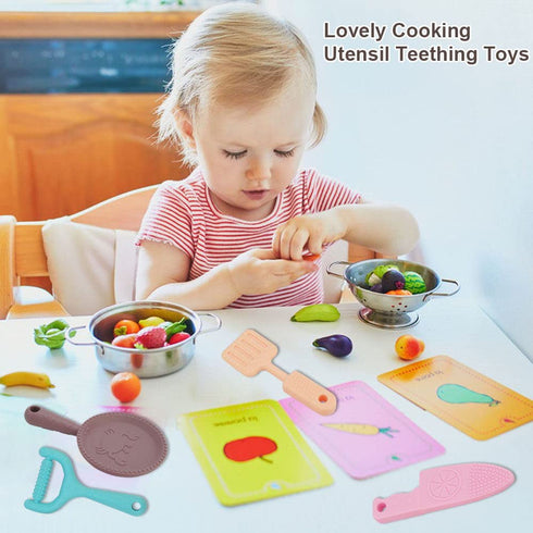 0-BPA Silicone Culinary Kitchen Utensil Baby Teething Toys: Chef Cooking Role Playing Games Training for Infants, 4 Pack