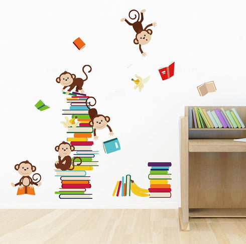 decalmile Monkey Wall Decals, Animals Reading Books Stickers for Baby Nursery Kids Bedroom Classroom Wall Decor
