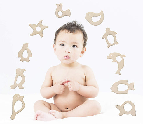 Penta Angel 10Pcs Wood Teething Rings, Natural Wood Toys for Infants, Turtles, Swallows, Dolphins, and More
