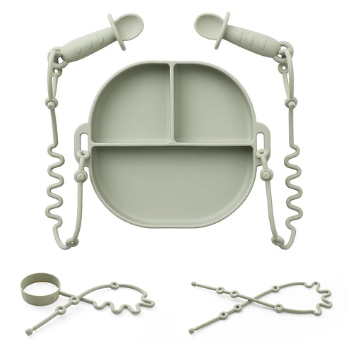 Silicone Plates for Babies with Suction, Divided Baby Spoons, Toy Straps, Placemat, Tethers & Built-in Suction Cups -