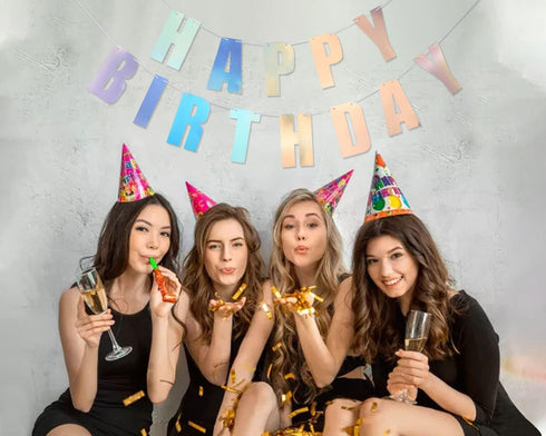 YAKRUNA Silver Holographic Happy Birthday Banner, Iridescent Party Supplies with 15PCS Rainbow Tassel Paper Garlands