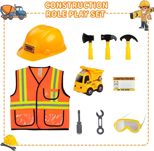 Construction Worker Costume for Boys, Toddler Builder Career Outfit for Pretend Role Play, Ages 3-7
