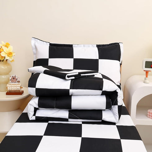 Set, Set, 4 Set Caressma Checkered Toddler Bedding Classic Black and White Plaid Bed Fluffy Grid Buffalo Plaid Pieces