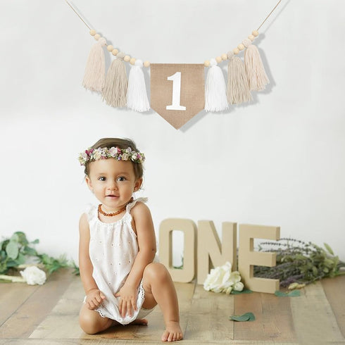 1st 1st BOOMPA White Birthday High Chair Banner - Wood Bead Tassel Garland - Pure Angel Birthday Photo Backdrop - Wall