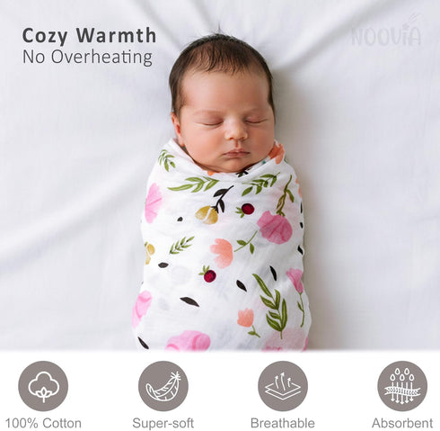 NOOVIA 2-Pack 43x47in, Baby Swaddle Blankets, Cotton Muslin, Extra Large Floral Pattern & Solid Pink, Soft Newborn