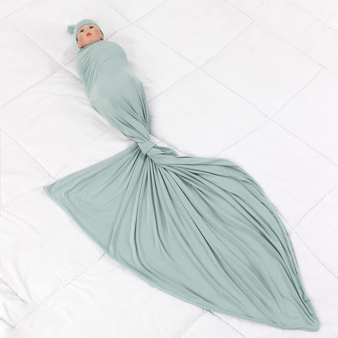Large Jersey Knitted Swaddle Blanket for Baby, Soft Stretchy Receiving Blanket with Hat, 47 x 47 inches (Seafoam)