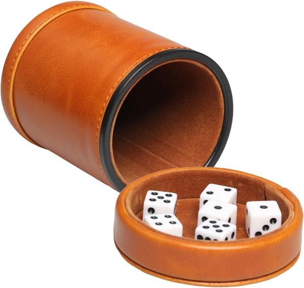 Leatherette Dice Cup with Lid, includes 6 Dices, Velvet Interior for Liars Dice Farkle Yahtzee Games, Brown