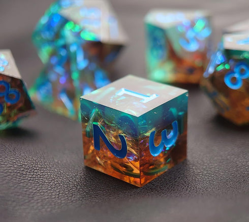 Handmade Sharp Edge Color DND Dice, 7 Piece Polyhedral Dice for TTRPGs, Dungeons and Dragons, Ice Tea with Mint