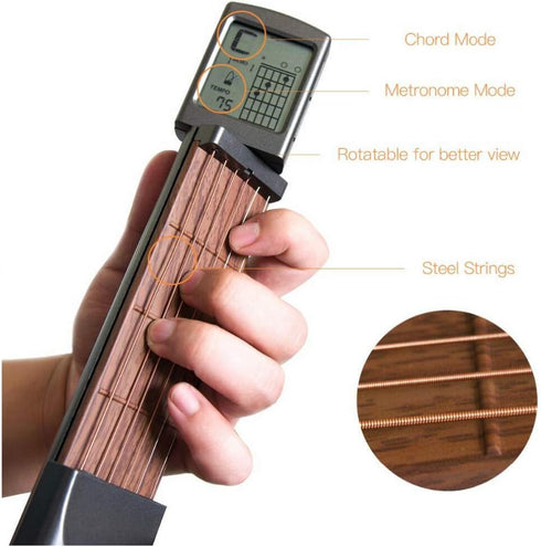 Pocket Guitar Chord Practice Tool, Portable Neck Trainer for Beginners with Rotatable Chords Chart Screen