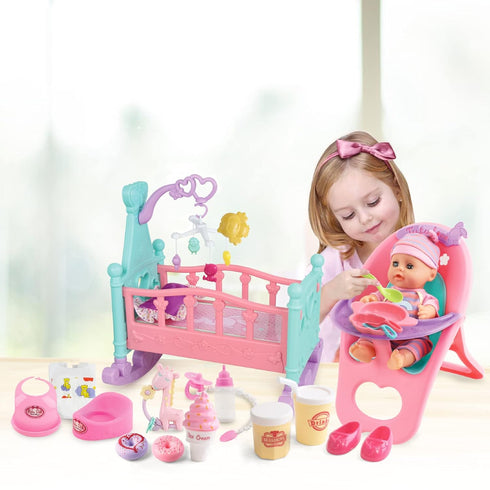 deAO 12” Baby Doll Play Set, 21 PCS with Crib, Mobile, High Chair, Feeding Accessories for Girls Kids