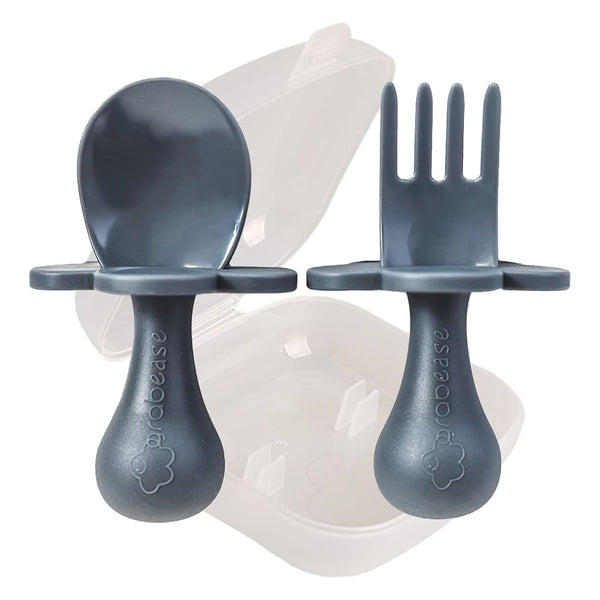 Grabease Toddler Spoon & Fork Set, Gray - First Stage Baby Utensils for Self Feeding, BPA-Free, 4+ Months