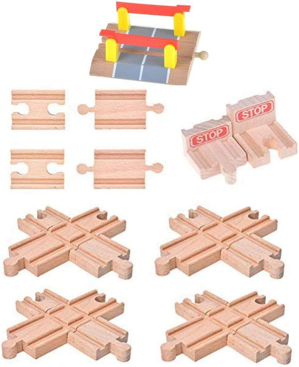 Haiabei 11 Pack Wooden Train Tracks Sets, Male-Female Bump Track, Crossing Bridge, Compatible
