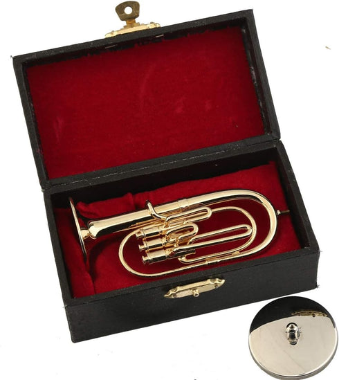Dselvgvu Miniature Copper Baritone Horn with Stand and Case, Mini Musical Instrument for Dollhouse Decoration