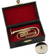 Dselvgvu Miniature Copper Baritone Horn with Stand and Case, Mini Musical Instrument for Dollhouse Decoration