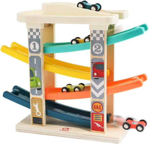 TOP Bright Wooden Race Track Car Ramp Toys for 1-2 Year Olds, Motor Skills Playsets with Mini Cars & Garage