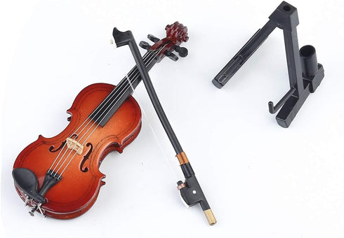 Dselvgvu Wooden Miniature Violin with Stand, Bow, and Case, Mini Musical Instrument Dollhouse Model Ornament Home