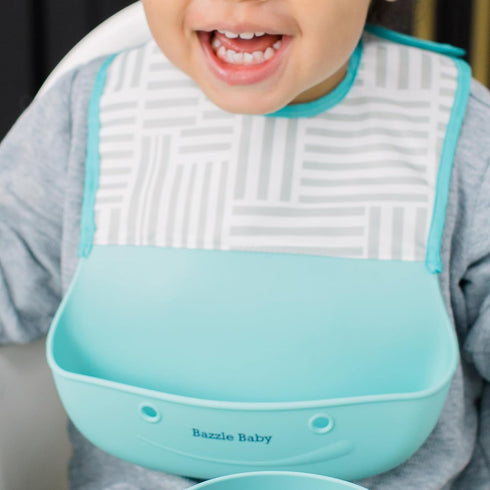 Bazzle Baby Silicone Bibs with Food Catcher - Waterproof 2-Pk, Rolls Up for Easy Travel and Storage